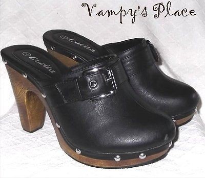 Black High Heel Platform Clogs Sz 7.5 Buckle Stud Slide Shoe NEW Free 