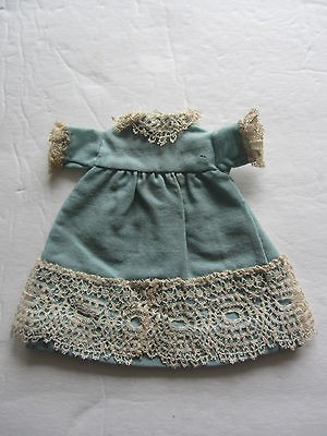   Antique TINY Bisque China Blue Wool Challis DOLL DRESS Gown Ecru LACE
