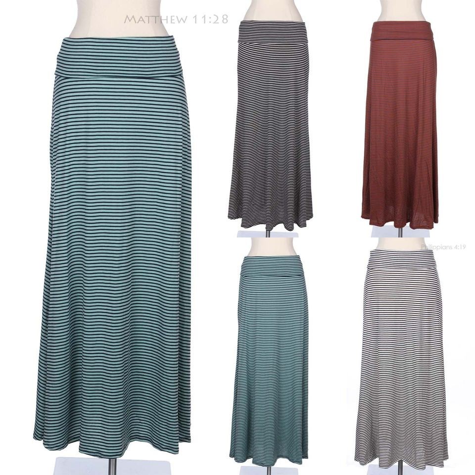 Thin Striped Fold Over Waistband Full Length Long Maxi Skirt Flare 