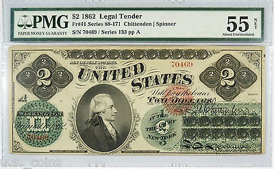 1862 $2 LEGAL TENDER FR#41 SERIES 88 171 PMG AU 55 NET~ RARE SUPER 