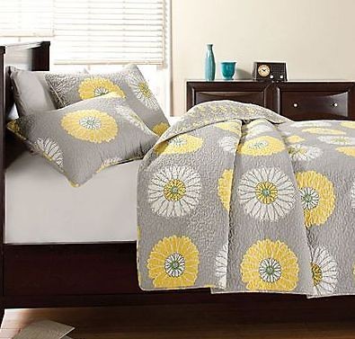 GREY & GOLDEN YELLOW DAISY MOD FLOWER 3PC QUILT & SHAM SET   FULL 