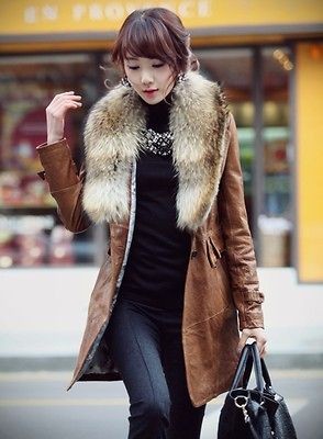 Womens Luxurious PU Leather Long Coat Fur Collar Overcoat Jacket 