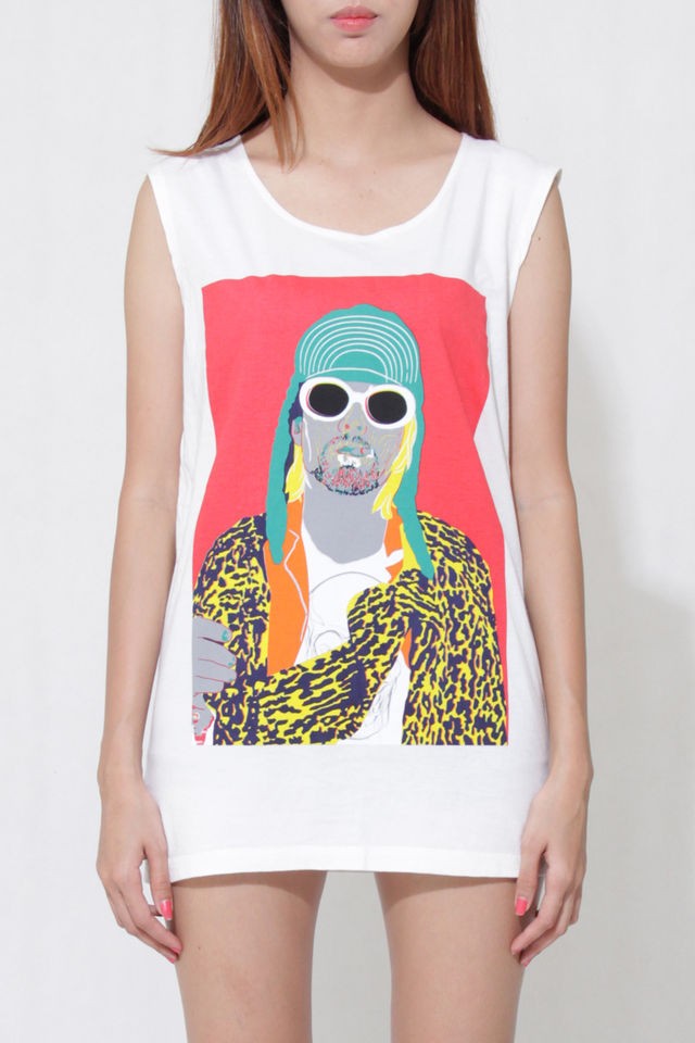 Kurt Cobain Nirvana Unisex Sleeveless Cream Women Rock T Shirt