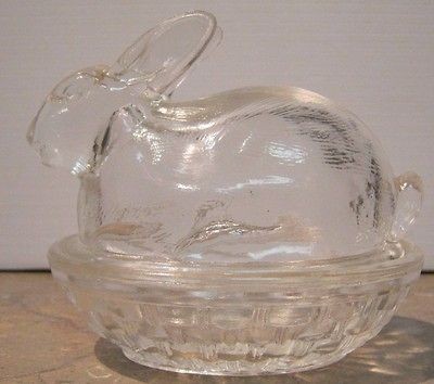 Art Glass Bunny on a Nest Clear Powder Box or Small Candy Dish Marked 