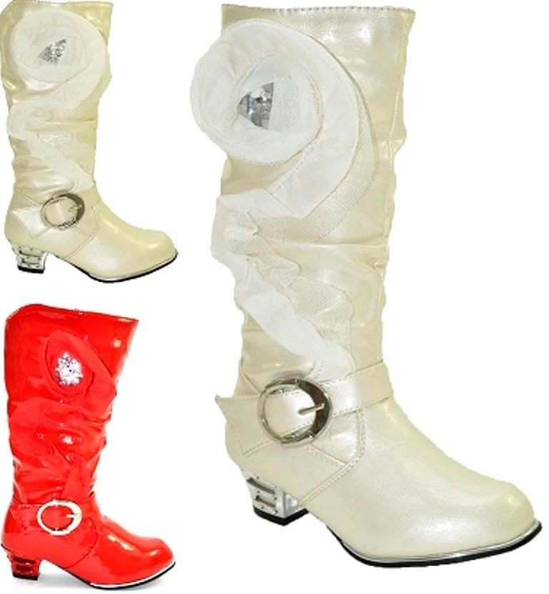 NEW GORGEOUS GIRLS RED OFF WHITE LONG ZIP WEDGE HEEL KNEE HIGH KIDS 