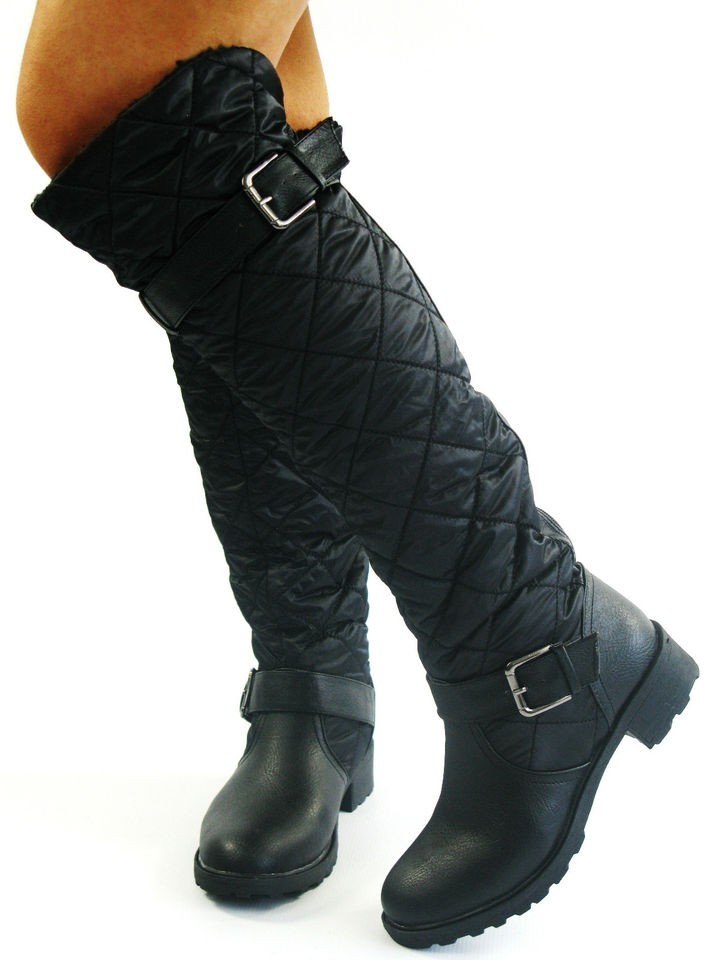 WOMAN QUILTED LADIES OVER KNEE HIGH FLAT HEEL BLACK BROWN FUR BIKER 