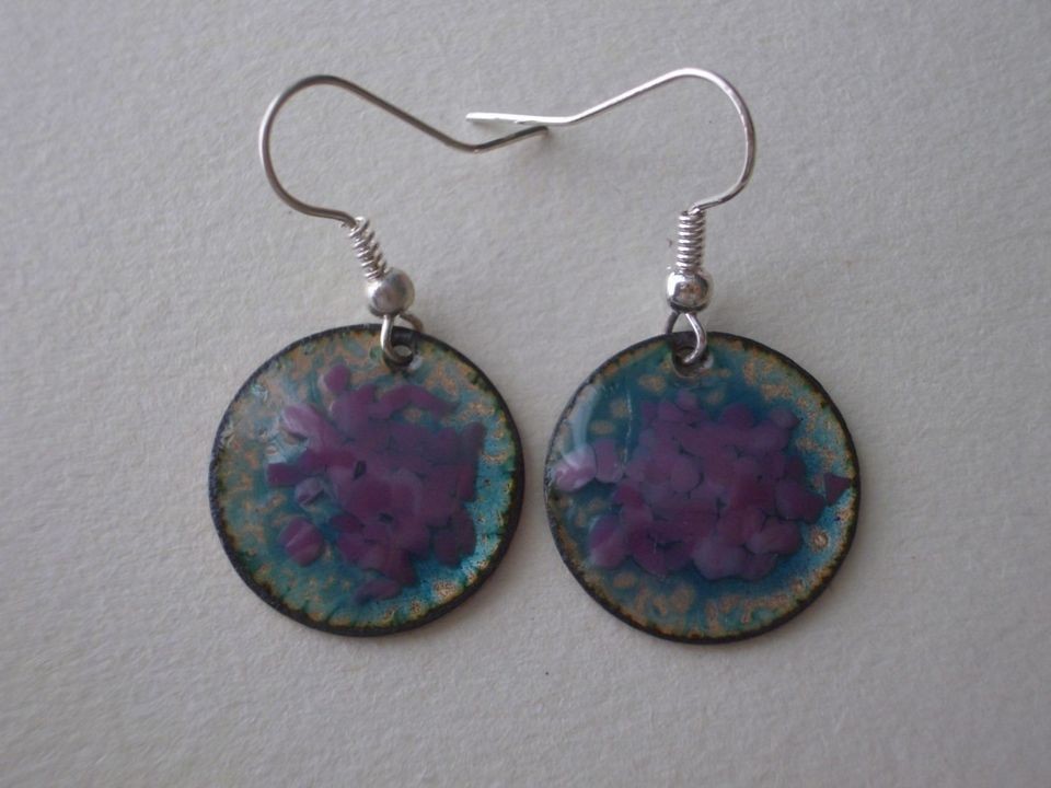 Purple Sea Earrings   Kiln Fired Enamel on Copper   Purple & Turquoise 