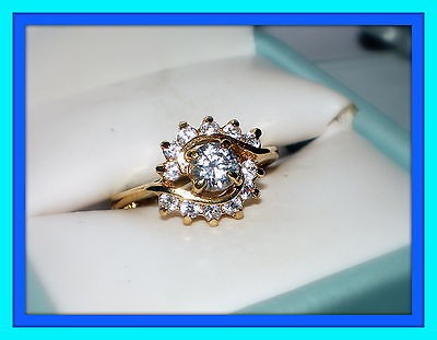 VINTAGE 14K GOLD HGP RHINESTONE CZ FLOWER ANNIVERSARY PROMISE RING 