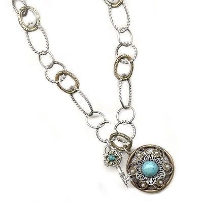   ROMANCE TURQUOISE LOCKET & KEY Silver w Bronze Pendant Necklace NWT