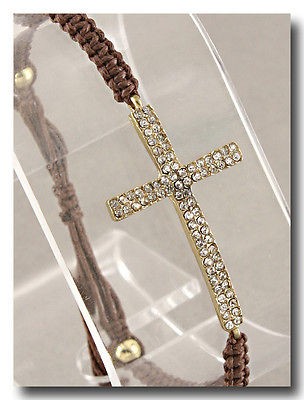 Sideways Cross Bracelet BROWN Rhinestone Cross Shamballa Chinese Rope 