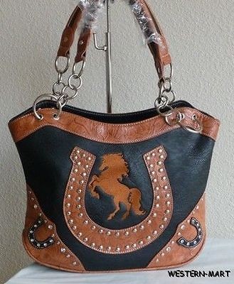   BLACK BROWN HORSE HORSESHOE COWGIRL RHINESTONE BLING SHOPPER PURSE BAG