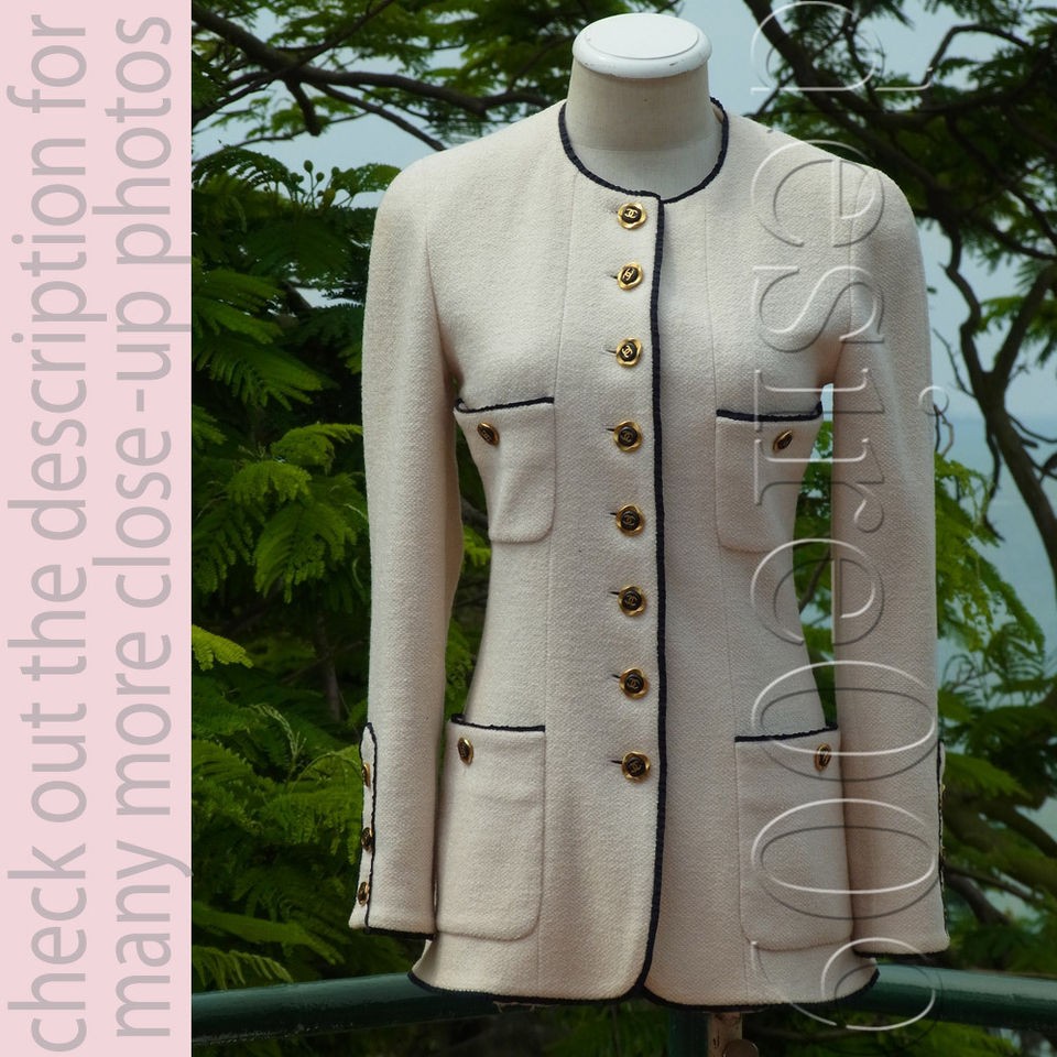 CHANEL Cream Classic Wool 8 Gold CC Button Black Trim JacketIF34/XS