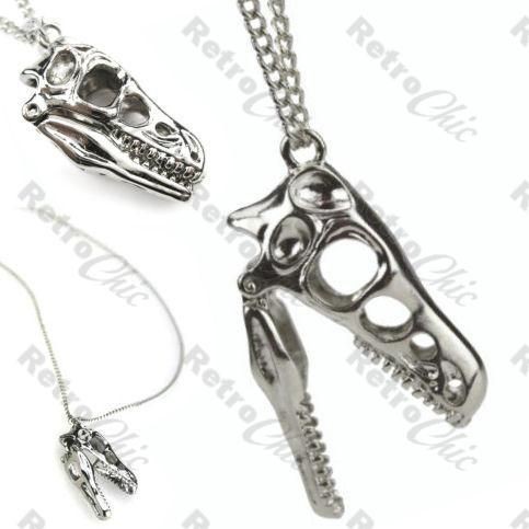 DINOSAUR SKULL pendant LONG NECKLACE bone skeleton T REX silver tone 