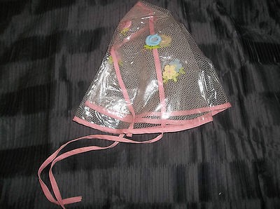 VINTAGE PINK AND CLEAR PLASTIC FLORAL RAIN BONNET