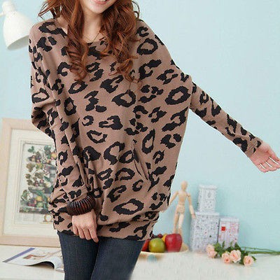 Popular Ladys Oversize Leopard Batwing Sleeve Pullover T Shirt Womens 