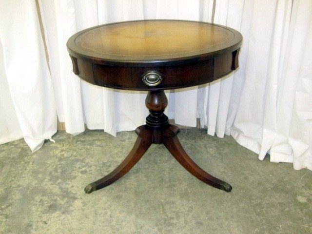   Round Side Table w Gold Leaf Embossed Leather Top Duncan Phyfe