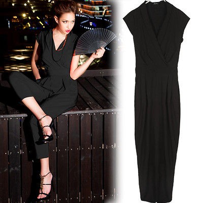   Sleeve V neck Jumpsuit Romper Overall Trendy Long Pants Trousers Black