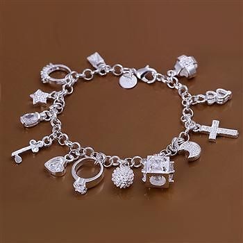 Wholesale 925Sterling Silver Star Moon Cross 13 Charms Chain Bracelet 