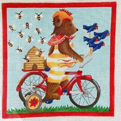 Handpainted Needlepoint canvas Melissa Shirley Bear on a Bike