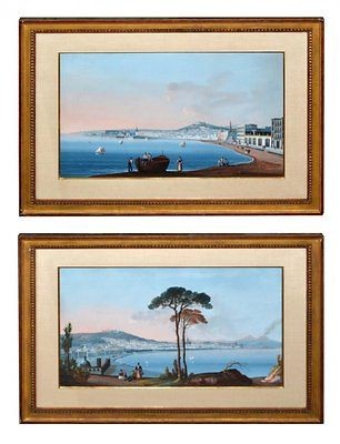 PAIR ORIGINAL ANTIQUE WATERCOLOR /GOUACHE VIEW NAPLES SHOWING MOUNT 