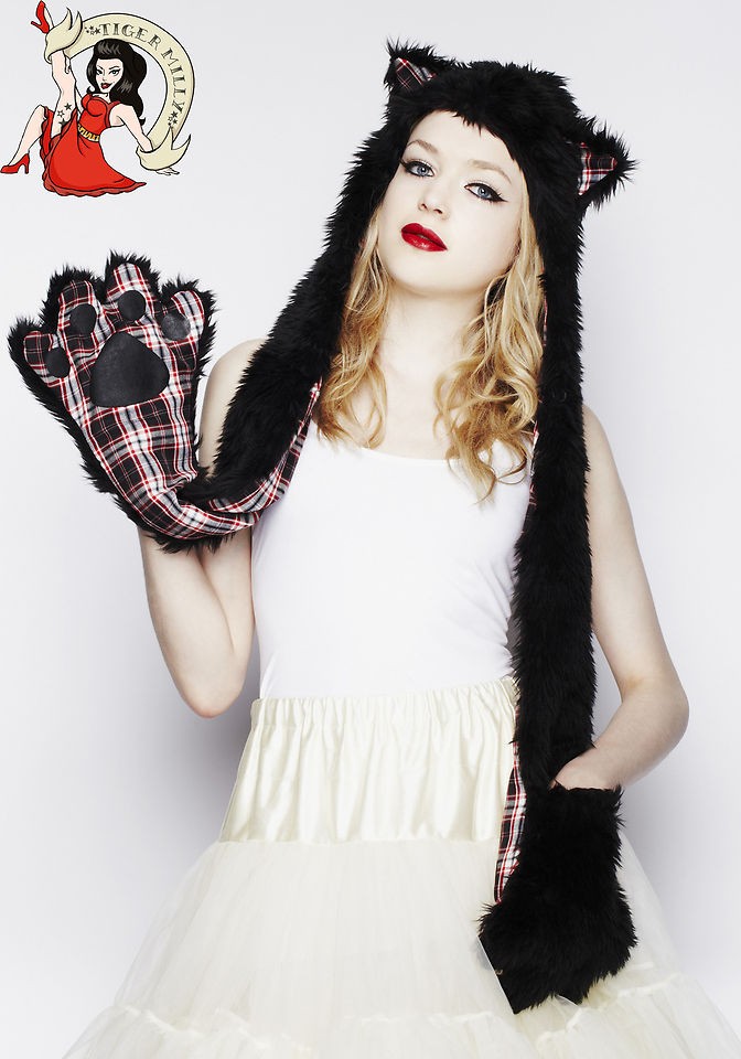 HELL BUNNY faux fur ALPHIE WOLF HOOD HAT SCARF GLOVES BLACK