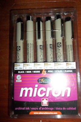 MICRON FINE LINE PENS/#1 ARCHIVAL INK/ALL BLACK/6 DIFFERENT POINTS/NEW 