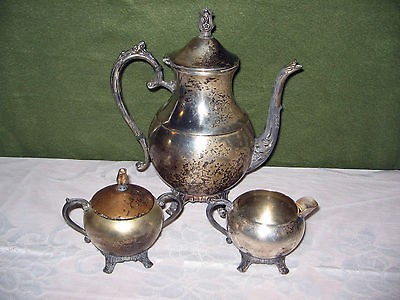 ANTIQUE F B ROGERS 1883 SILVER PLATED TEA SET TEA POT CREAM & SUGAR 