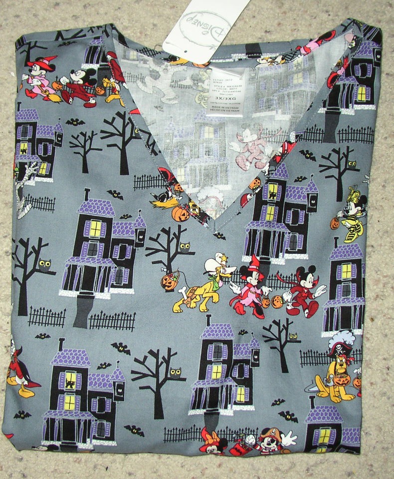 NEW WOMENS HALLOWEEN SCRUBS TOP GRAY DISNEY MICKEY MINNIE MOUSE PLUTO 