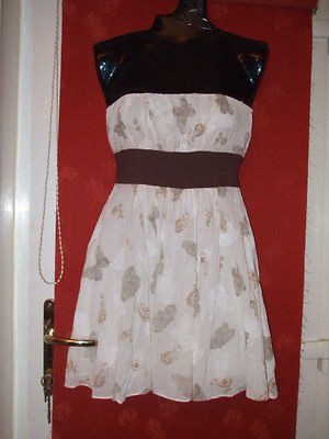 QED LONDON Party Dress White with Brown & Gold Size S ~ Strapless ~ 34 