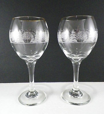  Arbys Winter Scene Stemmed Goblets Glasses Water Wine Set of Two