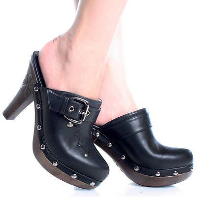 Black Slip On Studded Flower Dutch Women High Heel Platform Clog Shoes 