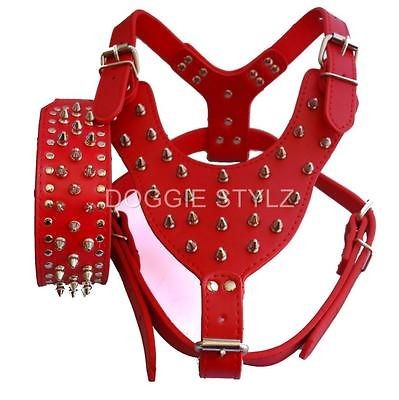 Red Leather Dog Harness & Collar SET spikes studs Pit Bull 26 34 USA 