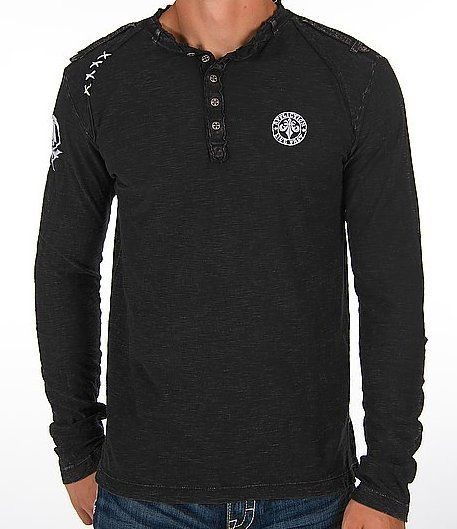 AFFLICTION MENS WALK OF LIFE LONG SLEEVE HENLEY BLACK SHIRT   A6758