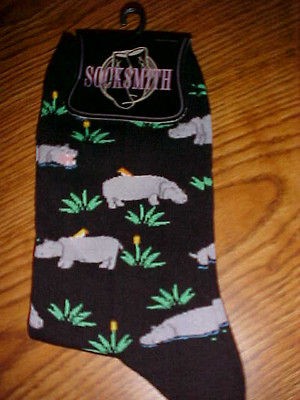 Hippos Hippo Hippopotamus on ladies black cotton crew socks NEW free 