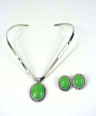 Vintage Green TURQUOISE NECKLACE & Earrings set 925 Sterling Silver 