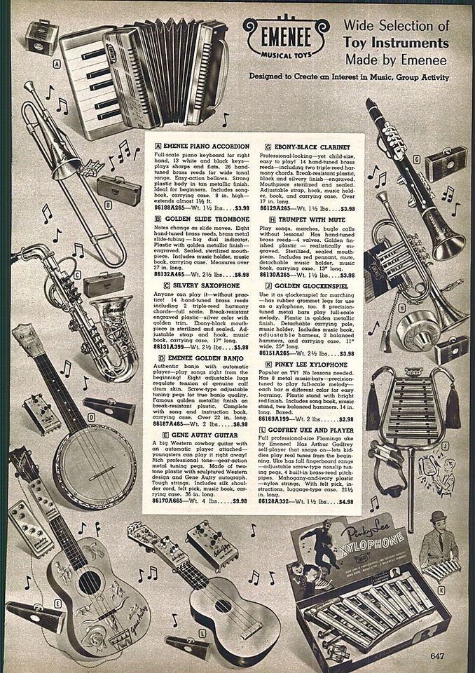   57 AD Emenee Musical Toys Gene Autry Guitar Pinky Lee Xylophone Piano