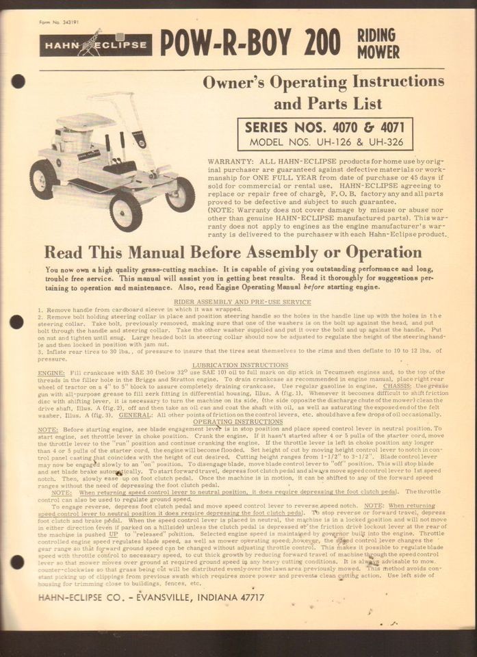 1960s Brochure Hahn Eclipse Lawn Mower Pow R Pro 4070 Instructions 