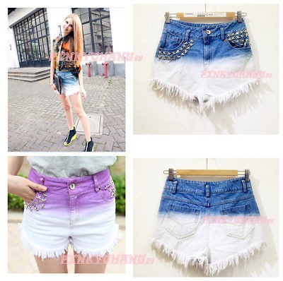 High Waist Star Studs Rivets Gradient Washed Denim Ripped Shorts Hot 