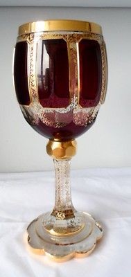 DFS BOHEMIAN MOSER AMETHYST CABOCON & GOLD PANEL LRG WATER GOBLET 