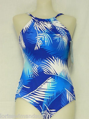 TYR Size 16 High Neck Wild Palms Blue 1 Piece Swimsuit $78 NWT Shelf 