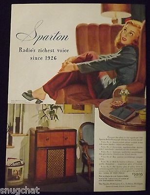 1946 Vintage Print Ad Sparton Radio Phonograph Young Woman Reclining 