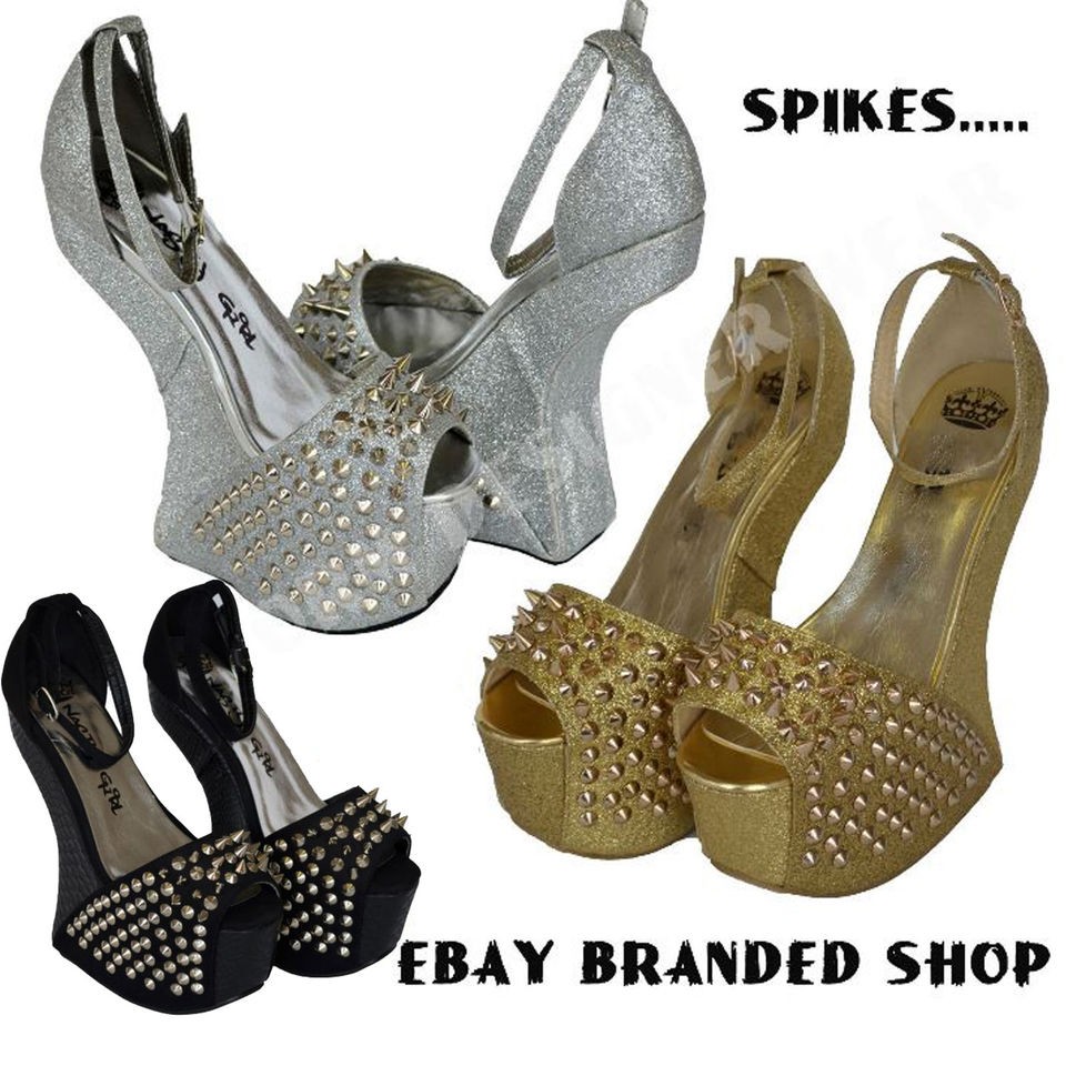 WOMENS LADIES HEEL LESS SPIKES STUD GLITTER PLATFORM SHOE WEDGES SIZE 