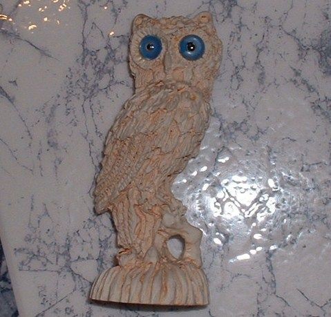 Vintage STONE ROCK blue OWL hoot STATUE FIGURINE EYES