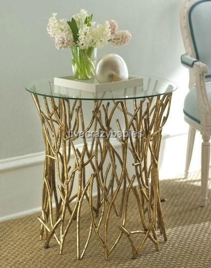 Horchow Elm Glass Top IRON TWIG Accent Table Gold Branch Contemporary 