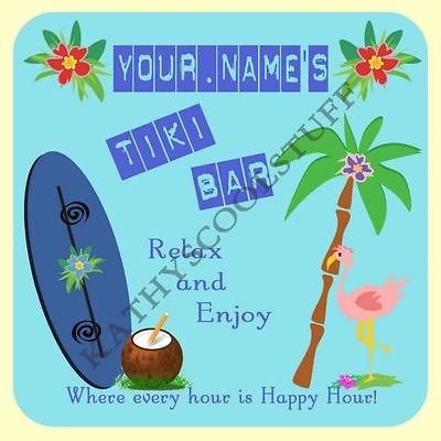   12 coasters PERSONALIZED WITH YOUR NAME SURF TIKI BAR MATS PALM TREE