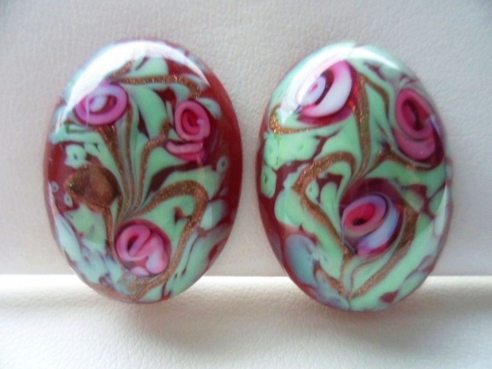 Vintage Glass Earrings Lampwork & Aventurine Screw Backs Art Deco 