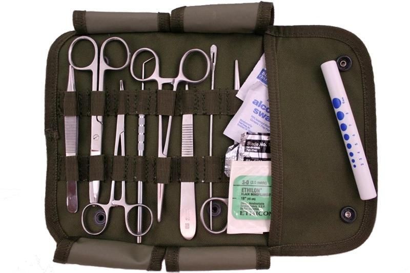   Kit Stainless Steel Instruments & Sutures 16pc Olive Drab New