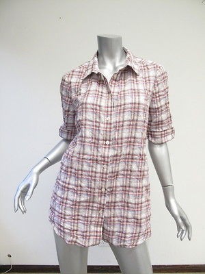 Elizabeth and James Red + Lt Blue Plaid Button Back Shirt L