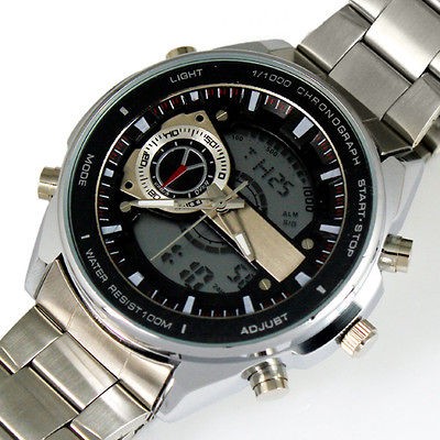 STEEL HAND STOPWATCH ANALOGUE DIGITAL DIAL MEN HOUR DATE WRIST WATCH 