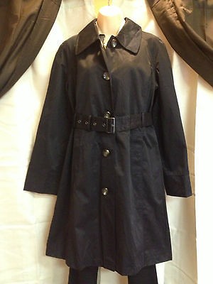 Womens Black Long Belted Lined Trench Coat Tortoise Shell Colored 